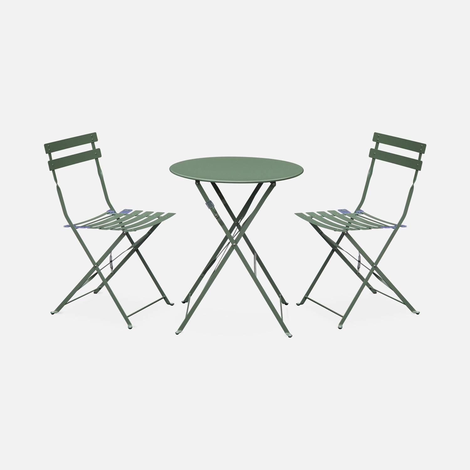 Set da giardino, bar bistro, rotondo pieghevole 60cm, modello: Emilia Colore: Verde grigio, due sedie, acciaio termolaccato | sweeek