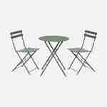 2-seater foldable thermo-lacquered steel bistro garden table with chairs, Ø60cm - Emilia - Sage green Photo2