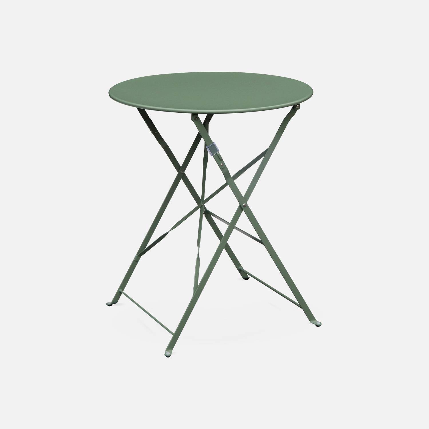 2-seater foldable thermo-lacquered steel bistro garden table with chairs, Ø60cm - Emilia - Sage green Photo3
