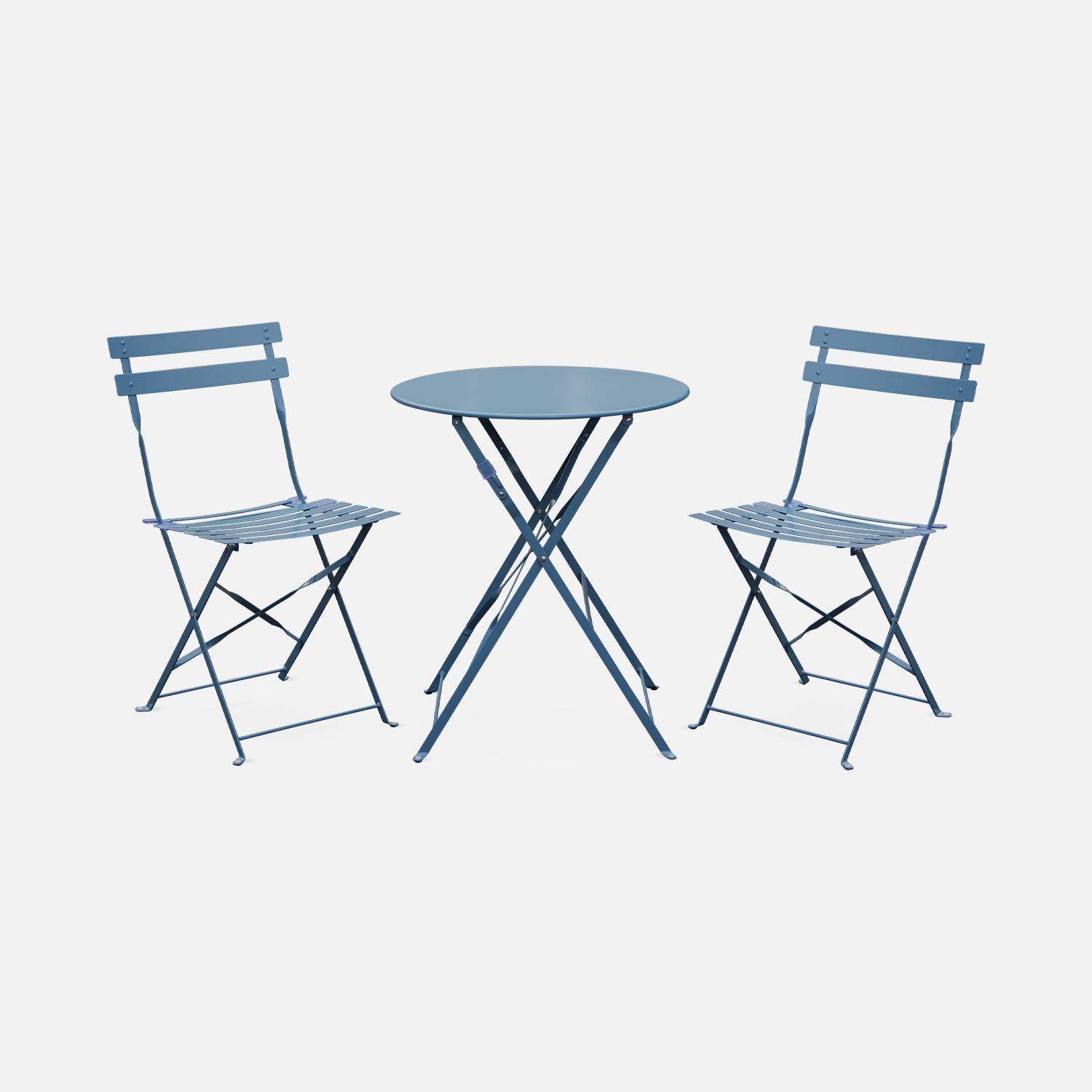 Mobiliário de bistrô dobrável de jardim Emilia redondo azul cinzento, mesa ⌀60cm com duas cadeiras dobráveis, aço revestido a pó | sweeek