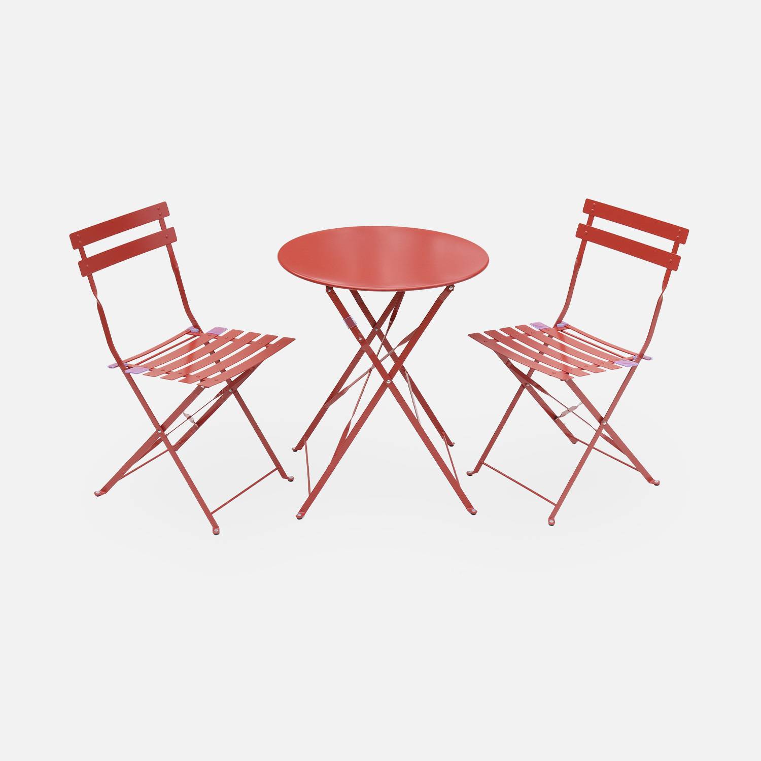 Salon de jardin bistrot pliable Emilia rond Terra Cotta, table ⌀60cm avec deux chaises pliantes, acier thermolaqué | sweeek