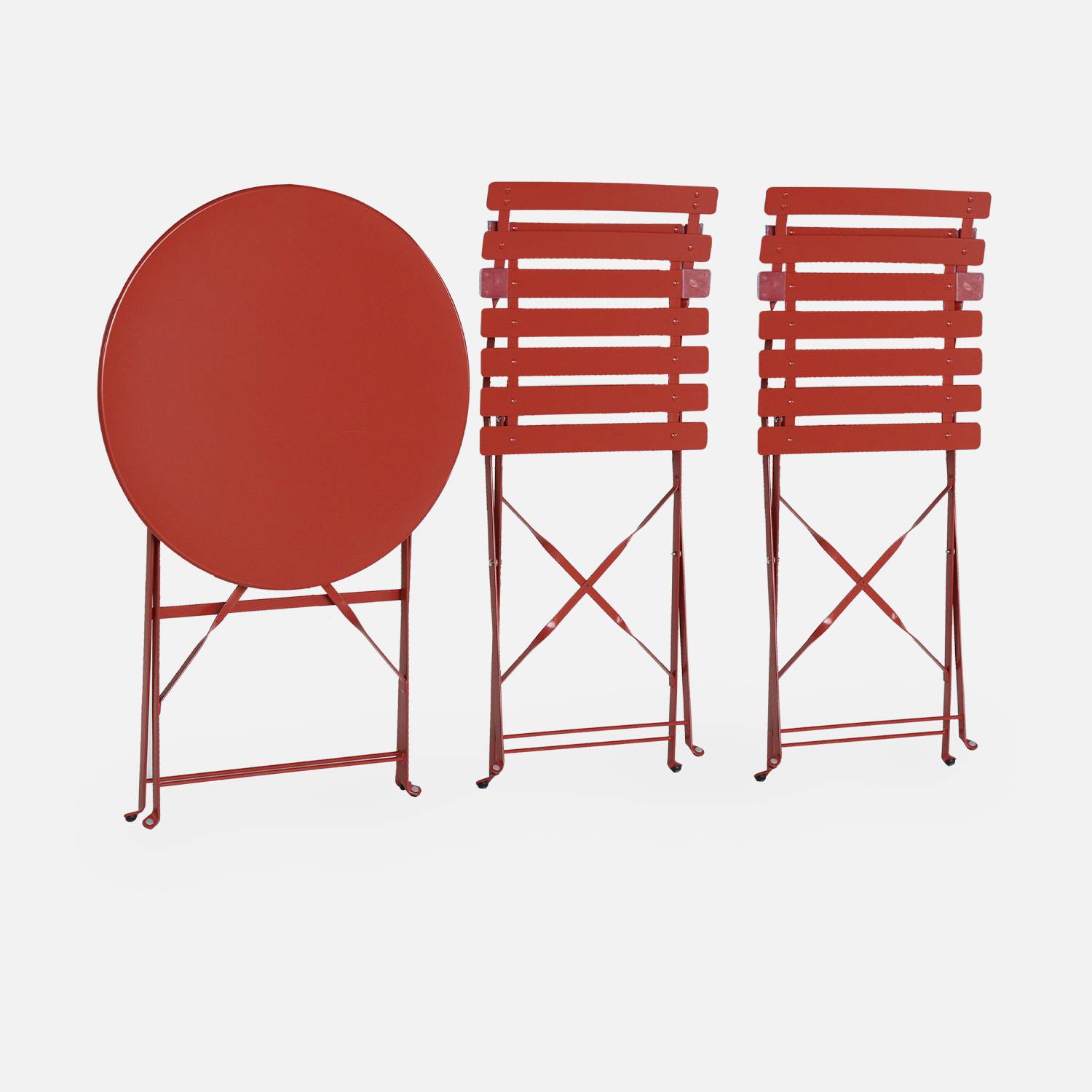 2-seater foldable thermo-lacquered steel bistro garden table with chairs, Ø60cm - Emilia - Terracotta Photo6