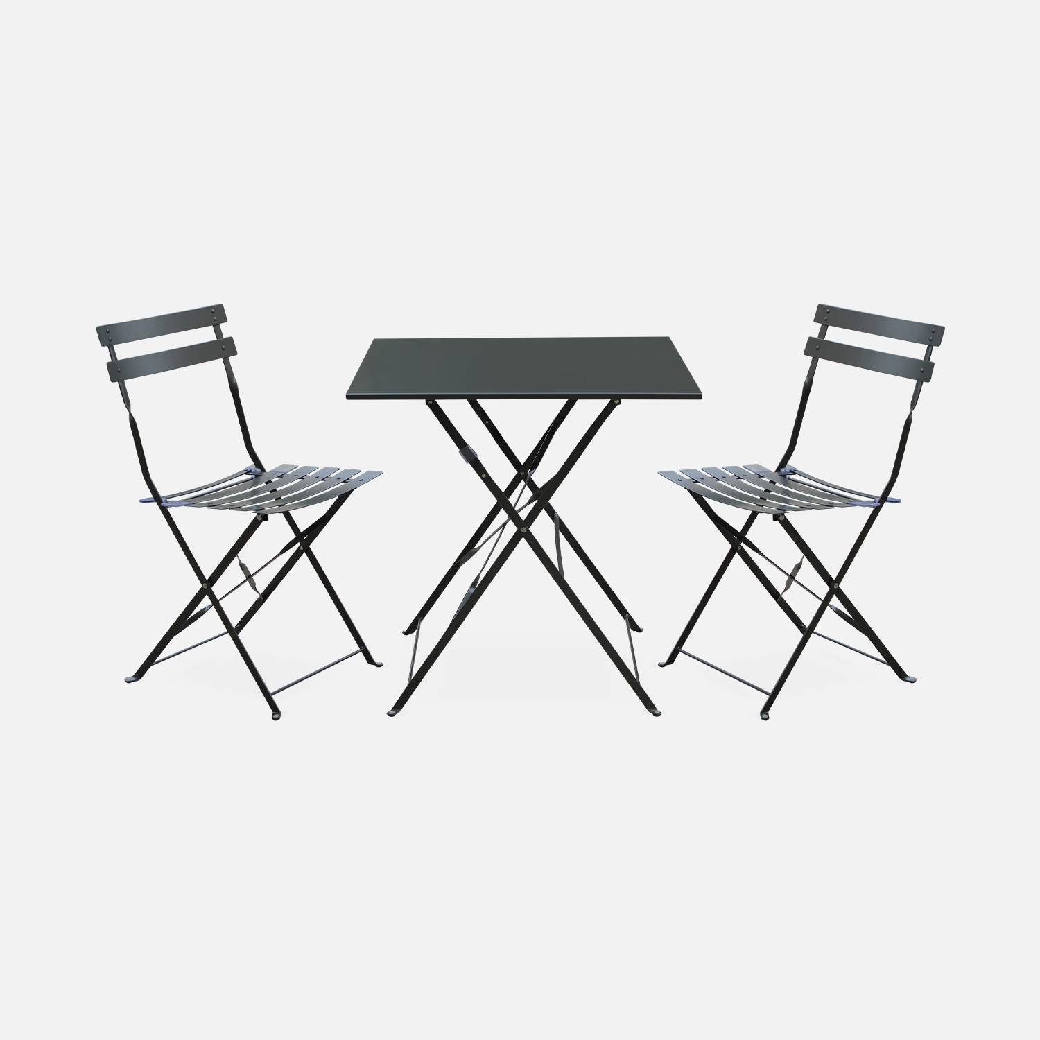 Salon de jardin bistrot pliable Emilia carré gris anthracite avec deux chaises pliantes, acier thermolaqué | sweeek