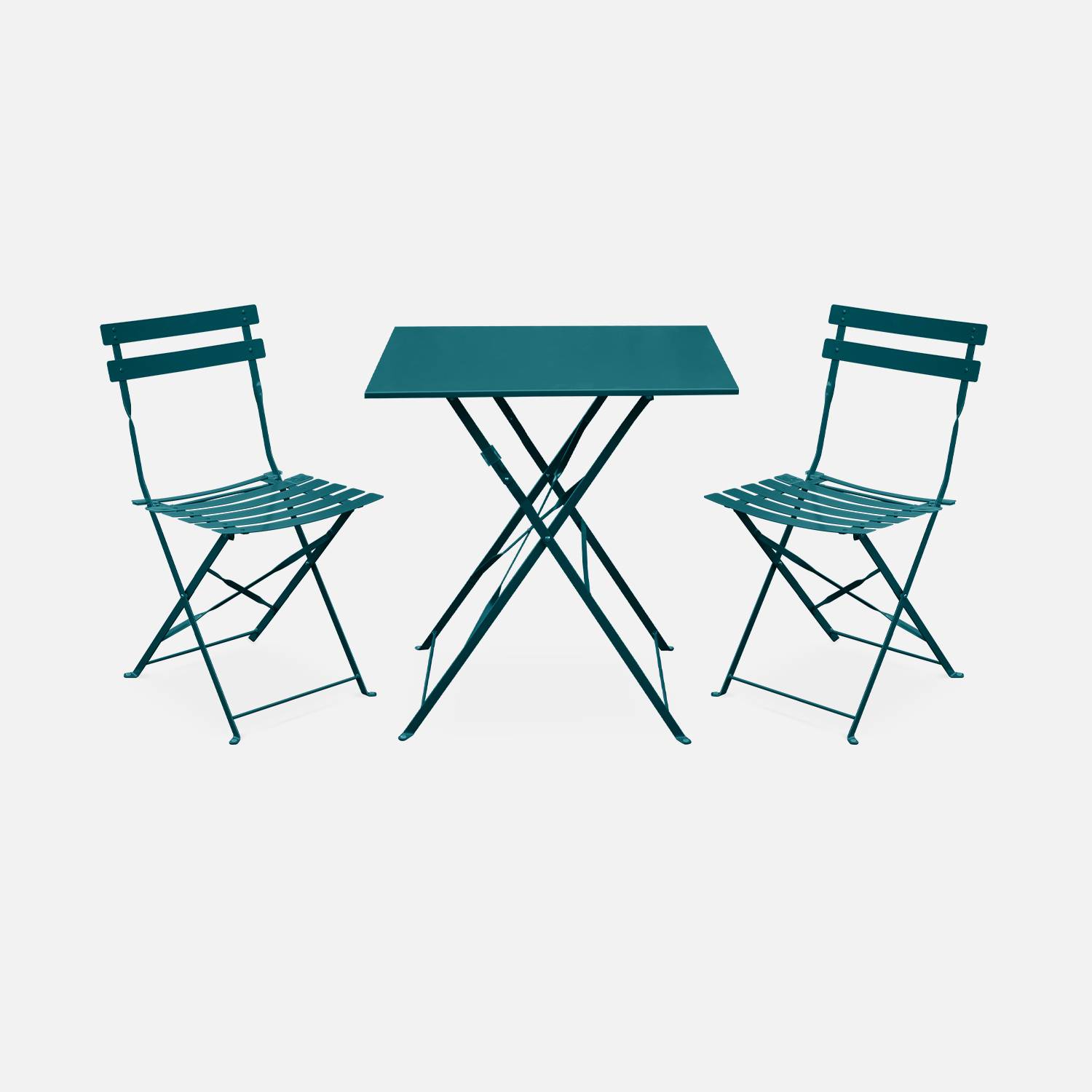 Conjunto de mobiliário de jardim bistrô dobrável quadrado Emilia em azul pato, mesa 70x70cm com duas cadeiras dobráveis, aço com revestimento em pó | sweeek