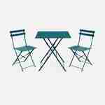 Conjunto de mobiliário de jardim bistro dobrável - Emilia carré bleu canard - Mesa quadrada 70x70cm com duas cadeiras dobráveis, aço revestido a pó Photo2