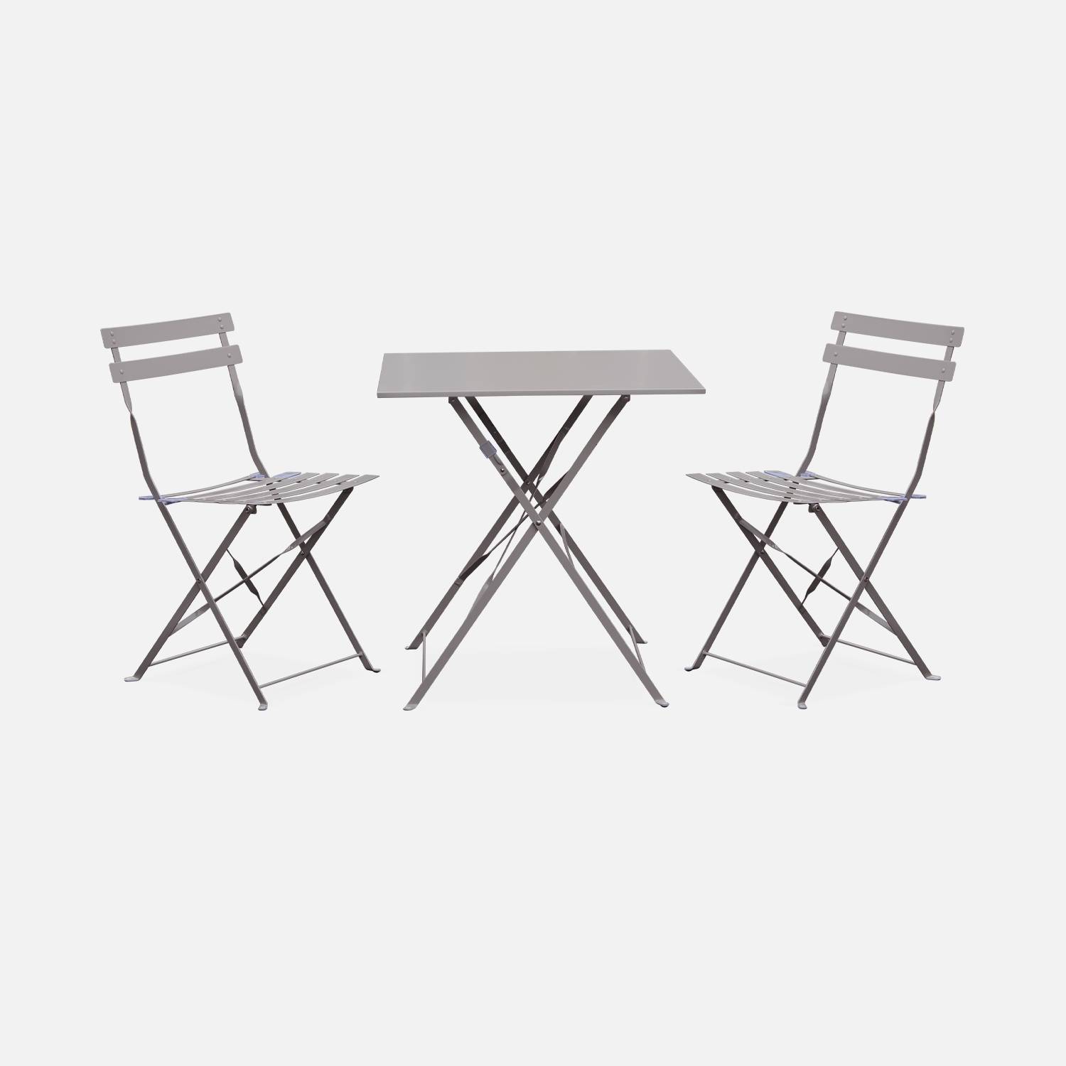 Conjunto de mobiliário de jardim bistro quadrado dobrável Emilia em cinzento taupe com duas cadeiras dobráveis, aço com revestimento em pó | sweeek