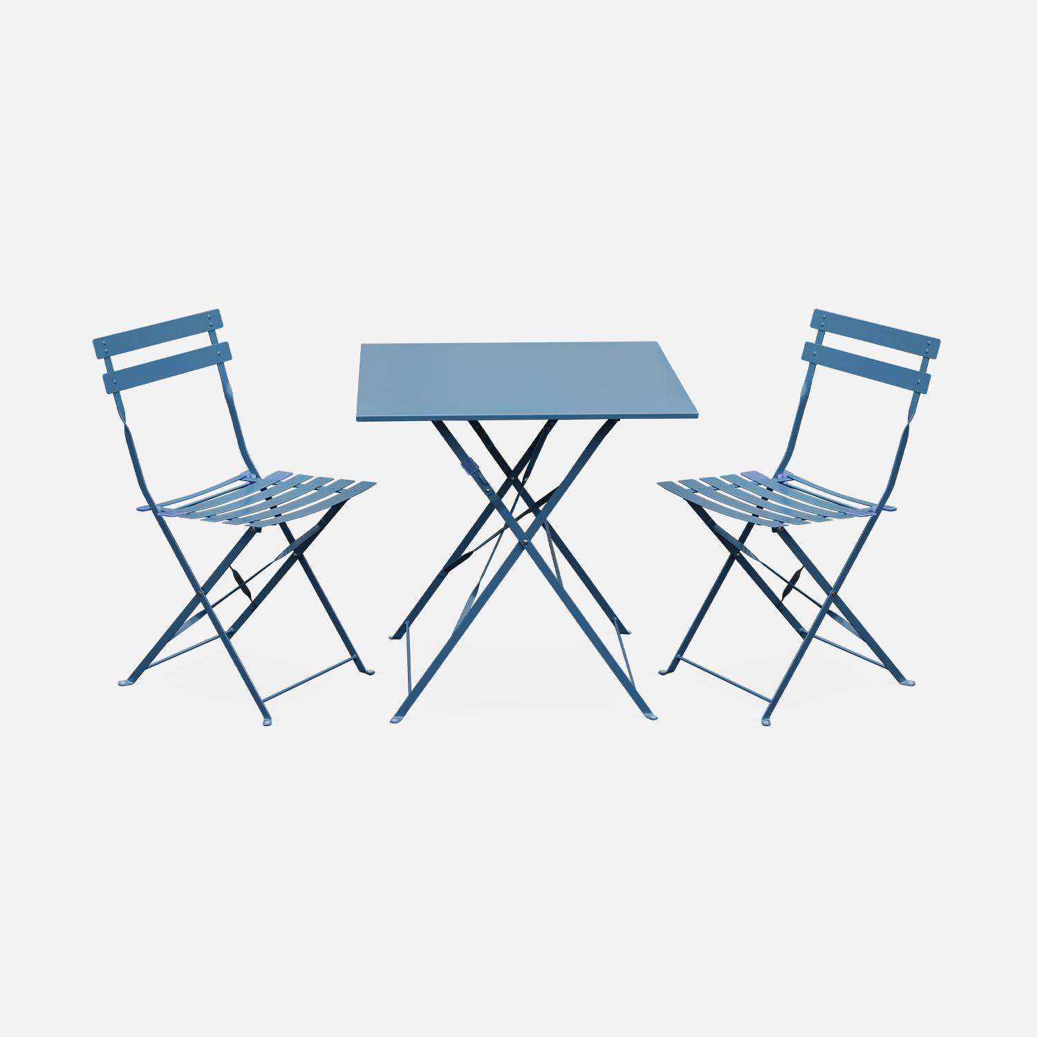 Emilia - Bistroset - 2 inklapbare stoelen en een vierkante tafel 70x70 van gepoedercoat staal – Blauwgrijs  | sweeek