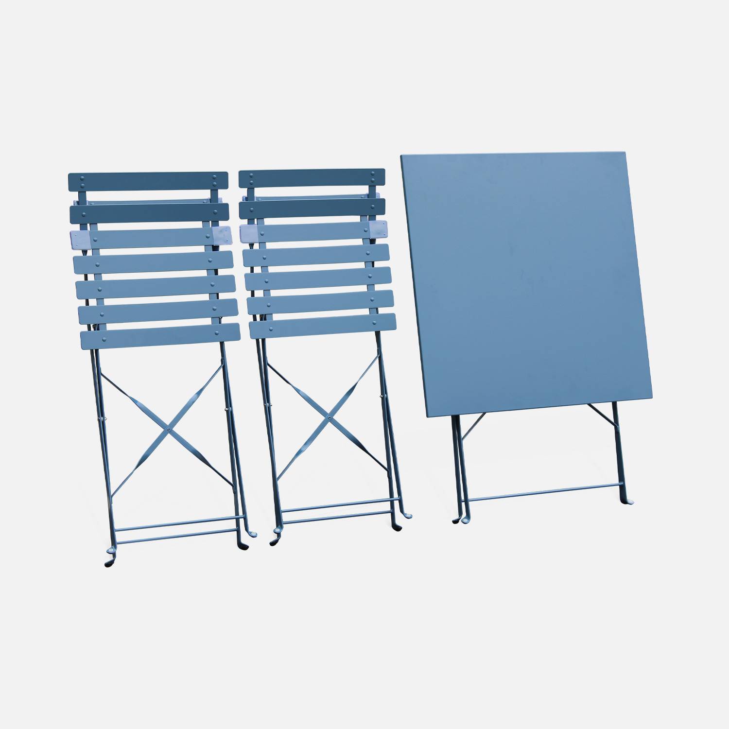 Set da giardino, bar bistrot, pieghevole - modello: Emilia, quadrato, colore: Blu grigio - Tavolo quadrato, dimensioni: 70x70cm, con due sedie pieghevoli, acciaio termolaccato, sedie con lame curve,sweeek,Photo6