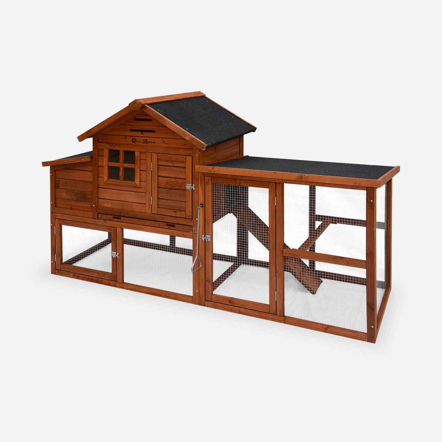 Wooden chicken coop for 4 chickens with nesting box, 195.5x75.5x116.5cm - Geline - Wood colour,sweeek,Photo5