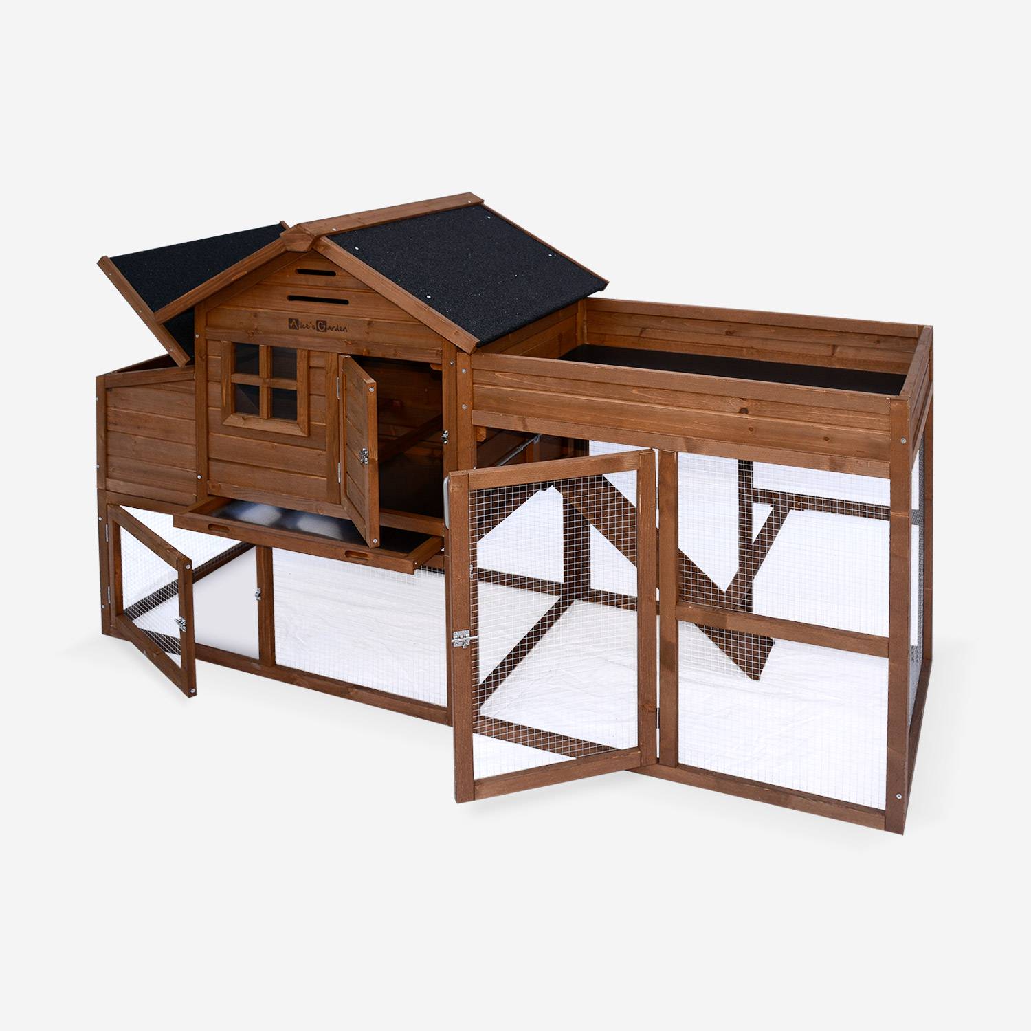Wooden chicken coop - for 3 chickens, with enclosure and integrated planter - Campine - Wood colour Photo2