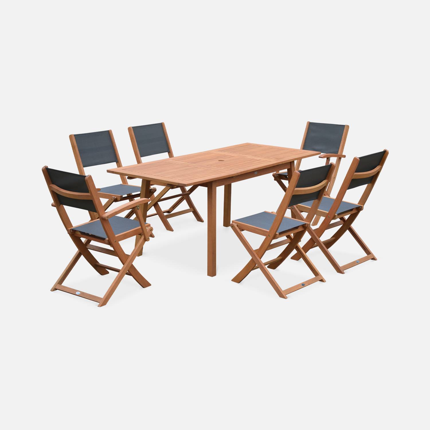 6-seater garden dining set, extendable 120-180cm FSC-eucalyptus wooden table, 4 chairs and 2 armchairs - Almeria 6 - Anthracite textilene seats Photo3