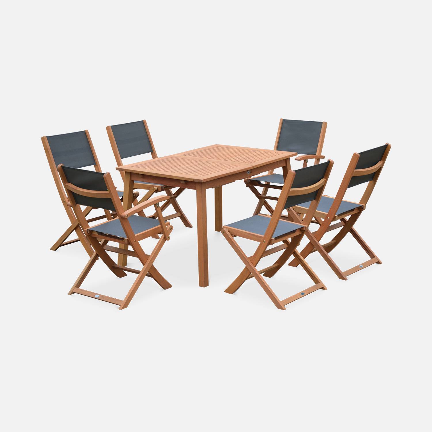 6-seater garden dining set, extendable 120-180cm FSC-eucalyptus wooden table, 4 chairs and 2 armchairs - Almeria 6 - Anthracite textilene seats Photo4