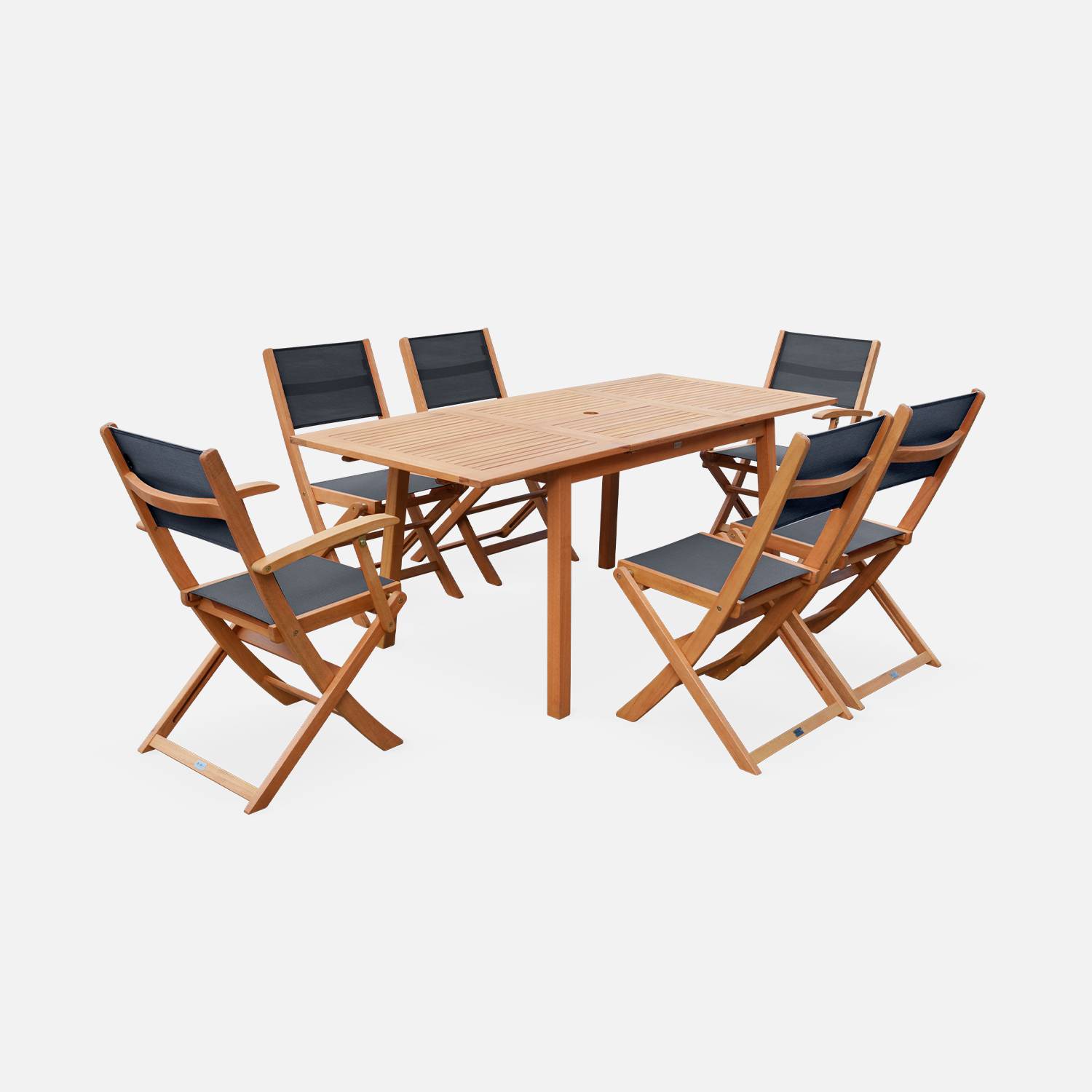 Salon de jardin en bois Almeria, table 120-180cm rectangulaire, 2 fauteuils et 4 chaises eucalyptus FSC et textilène noir | sweeek