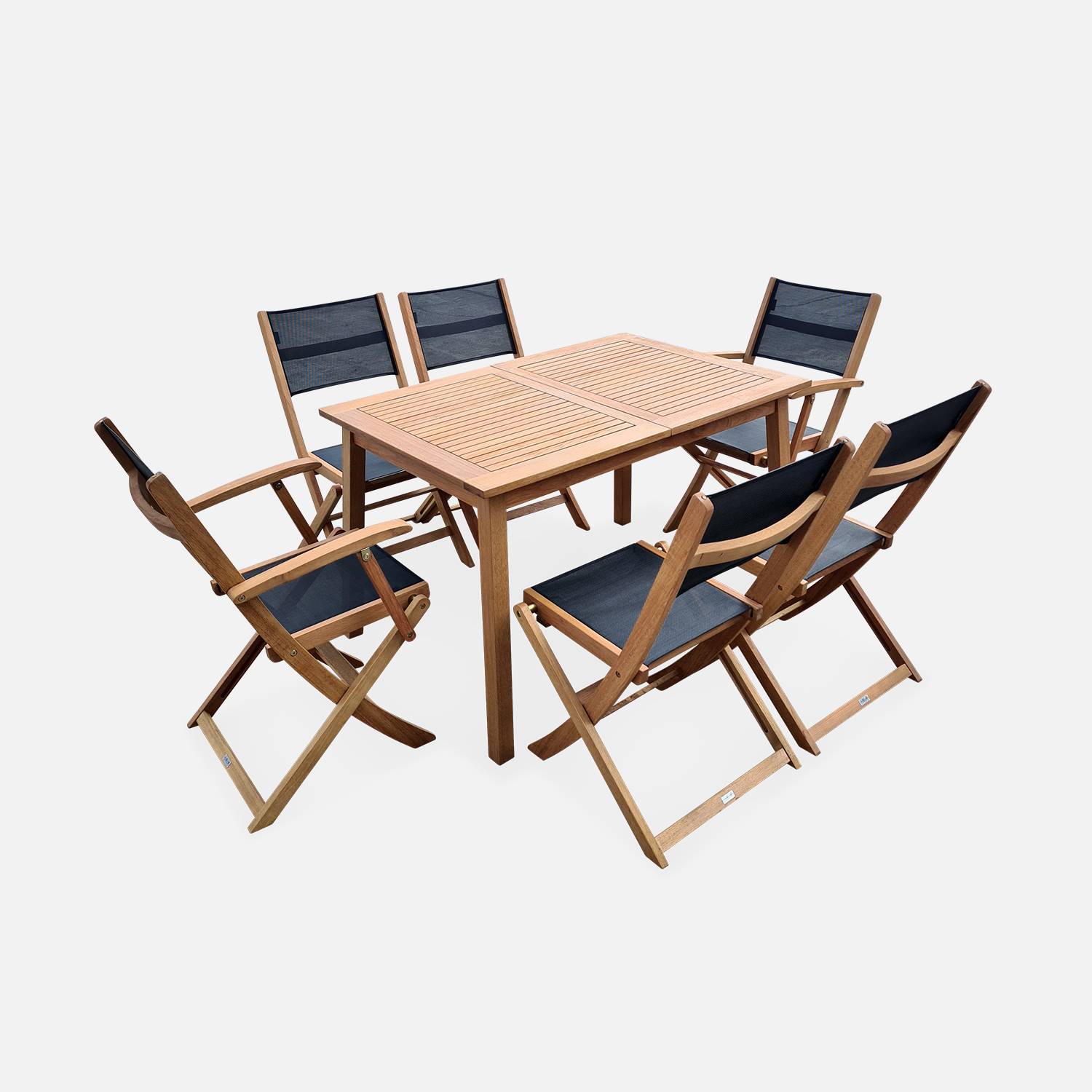 Ausziehbare Gartenmöbel aus Holz - Almeria - Tisch 120/180 cm mit Verlängerung, 2 Sesseln und 4 Stühlen aus geöltem FSC-Eukalyptusholz und schwarzem Textilene Photo4