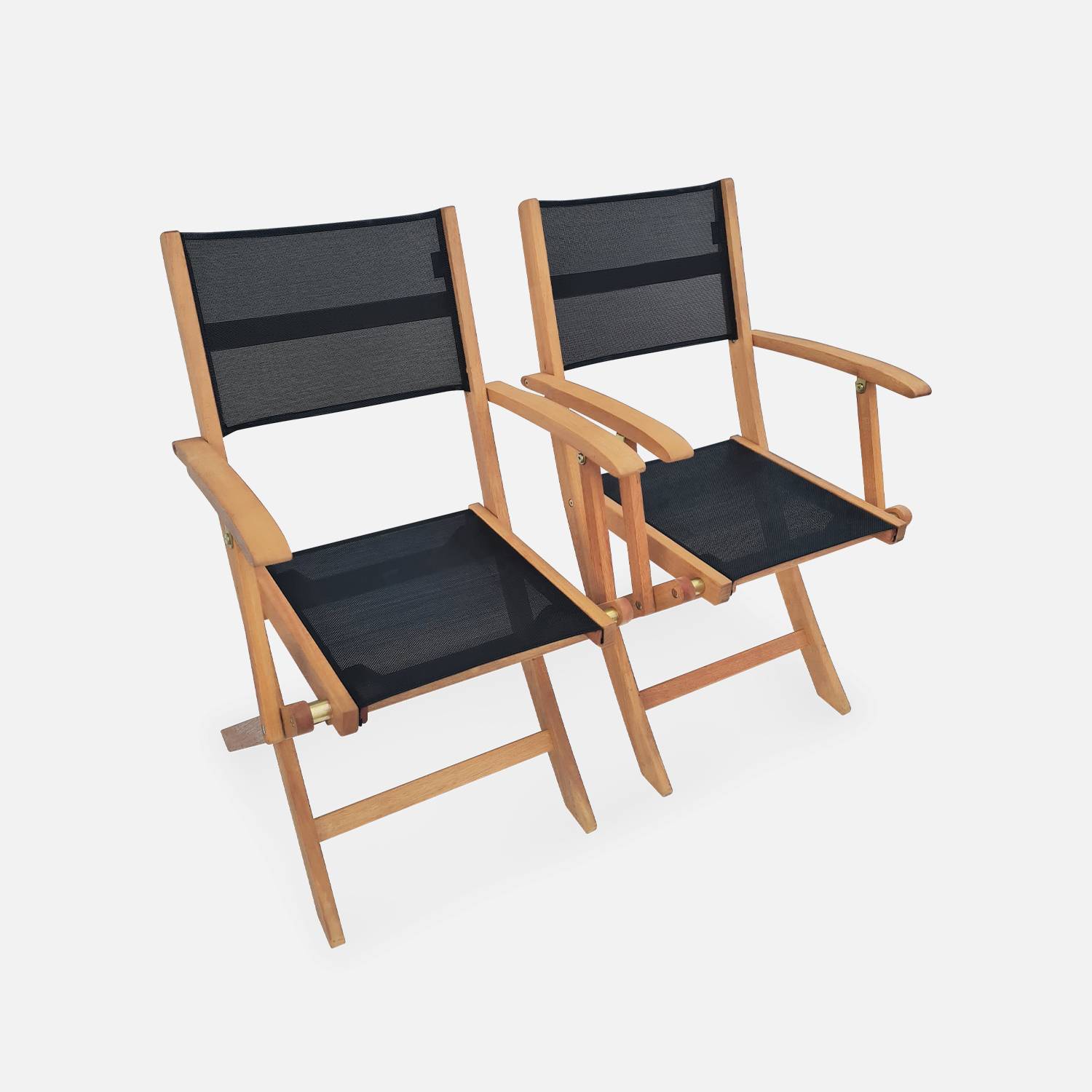 Ausziehbare Gartenmöbel aus Holz - Almeria - Tisch 120/180 cm mit Verlängerung, 2 Sesseln und 4 Stühlen aus geöltem FSC-Eukalyptusholz und schwarzem Textilene Photo6