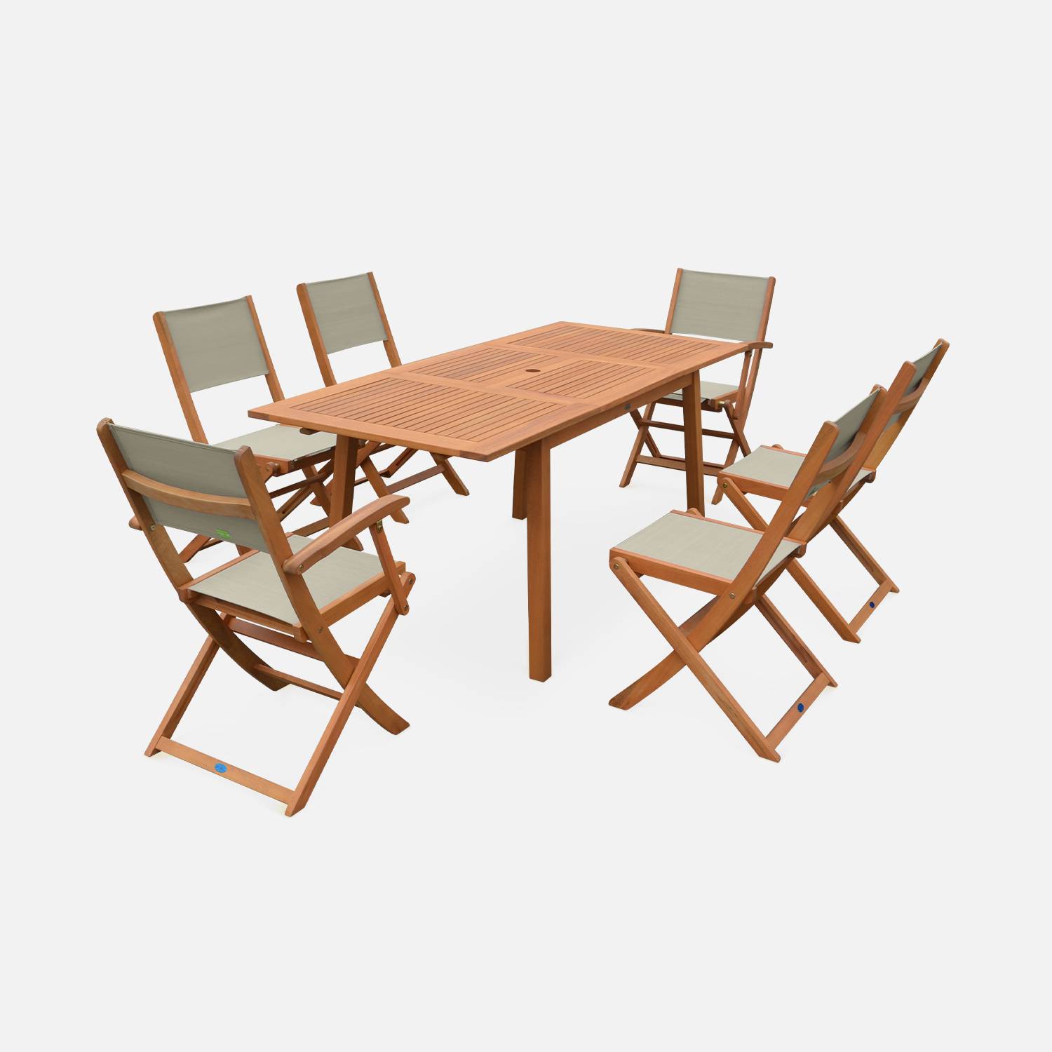 Salotto da giardino in legno - Almeria, tavolo 120-180cm rettangolare, 2 poltrone e 4 sedie, eucalipto FSC, textilene grigio talpa | sweeek