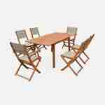 Salotto da giardino estensible in legno - Almeria - Tavolo 120/180cm con prolunga, 2 poltrone e 4 sedie, in legno di eucalipto FSC oliato e textilene grigio talpa Photo3