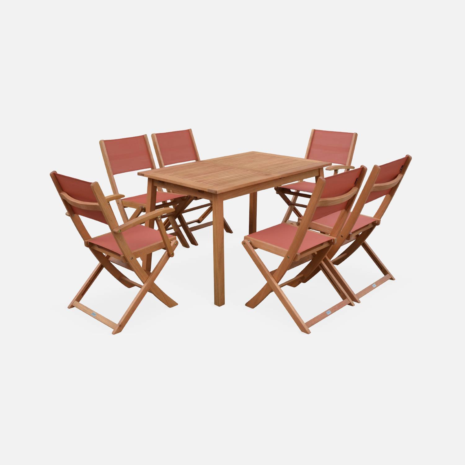 6-seater garden dining set, extendable 120-180cm FSC-eucalyptus wooden table, 4 chairs and 2 armchairs - Almeria 6 - Terracotta textilene seats Photo4
