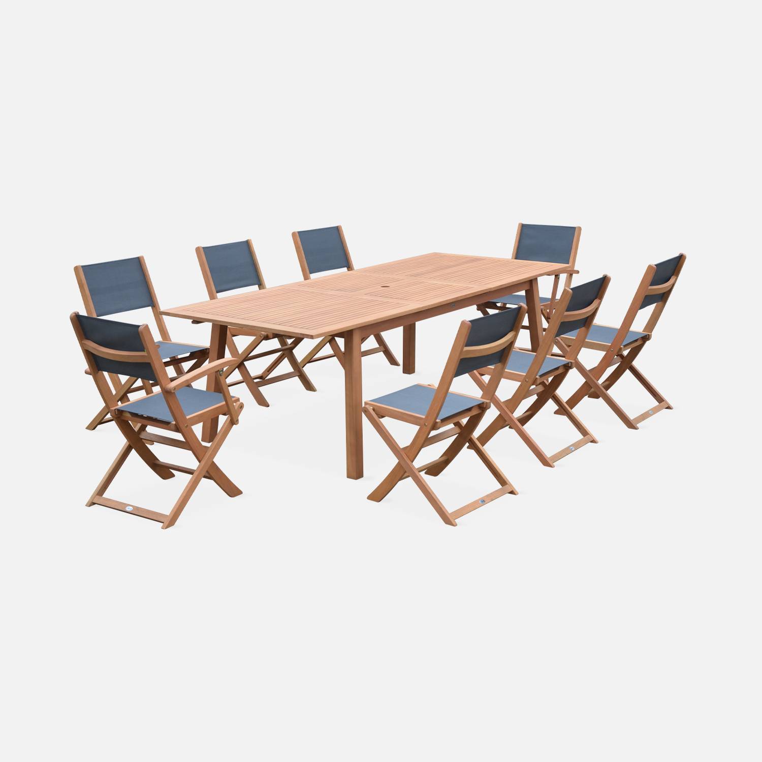 8 seater extendible table and chairs set in FSC eucalyptus, Anthracite | sweeek