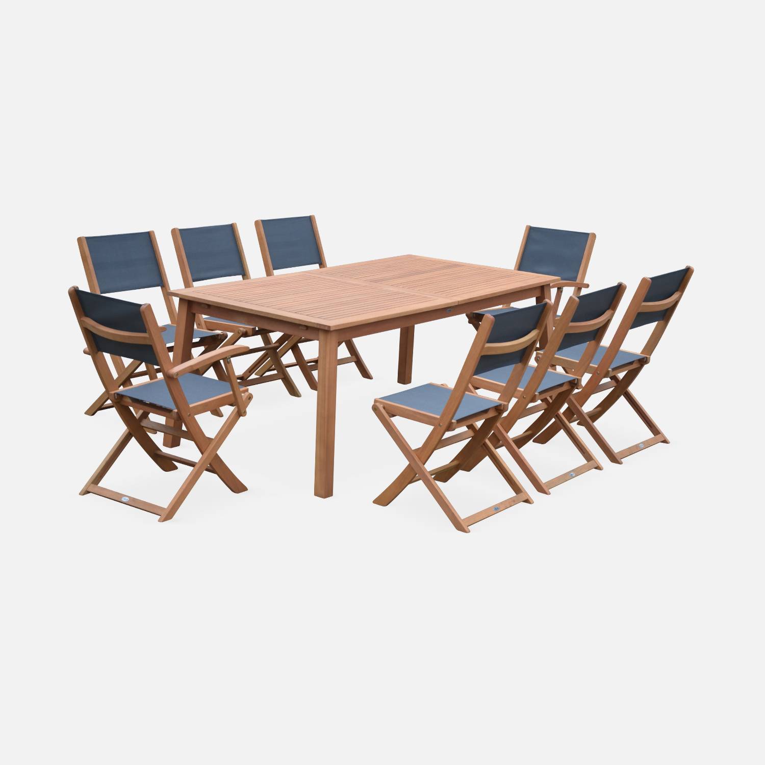 Ausziehbare Gartengarnitur aus Holz - Almeria - Großer Tisch 180/240 cm mit Verlängerung, 2 Sesseln und 6 Stühlen aus geöltem FSC-Eukalyptusholz und anthrazitfarbenem Textilene Photo4