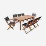 Ausziehbare Gartengarnitur aus Holz - Almeria - Großer Tisch 180/240 cm mit Verlängerung, 2 Sesseln und 6 Stühlen aus geöltem FSC-Eukalyptusholz und schwarzem Textilene Photo2