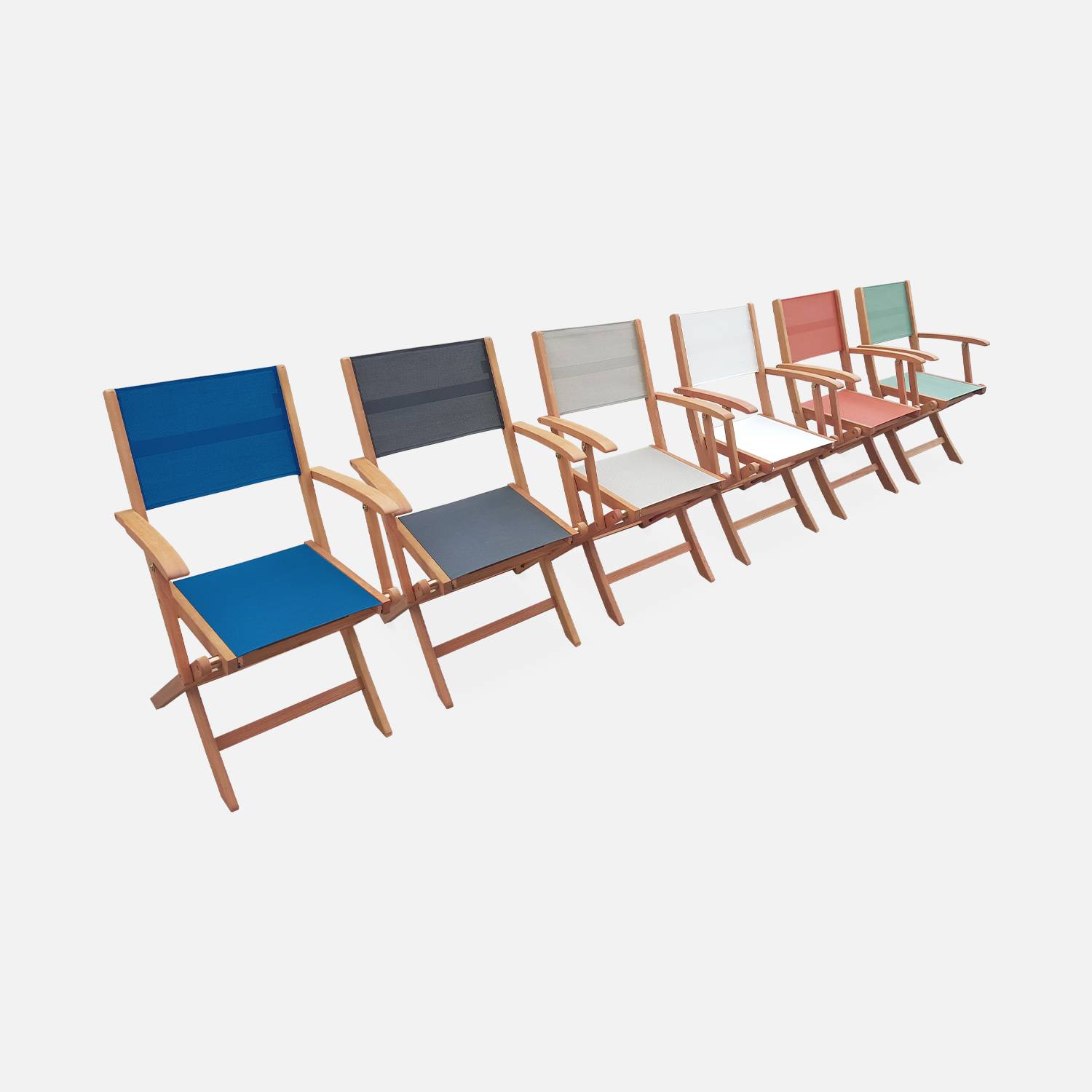 Ausziehbare Gartengarnitur aus Holz - Almeria - Großer Tisch 180/240 cm mit Verlängerung, 2 Sesseln und 6 Stühlen aus geöltem FSC-Eukalyptusholz und schwarzem Textilene Photo6