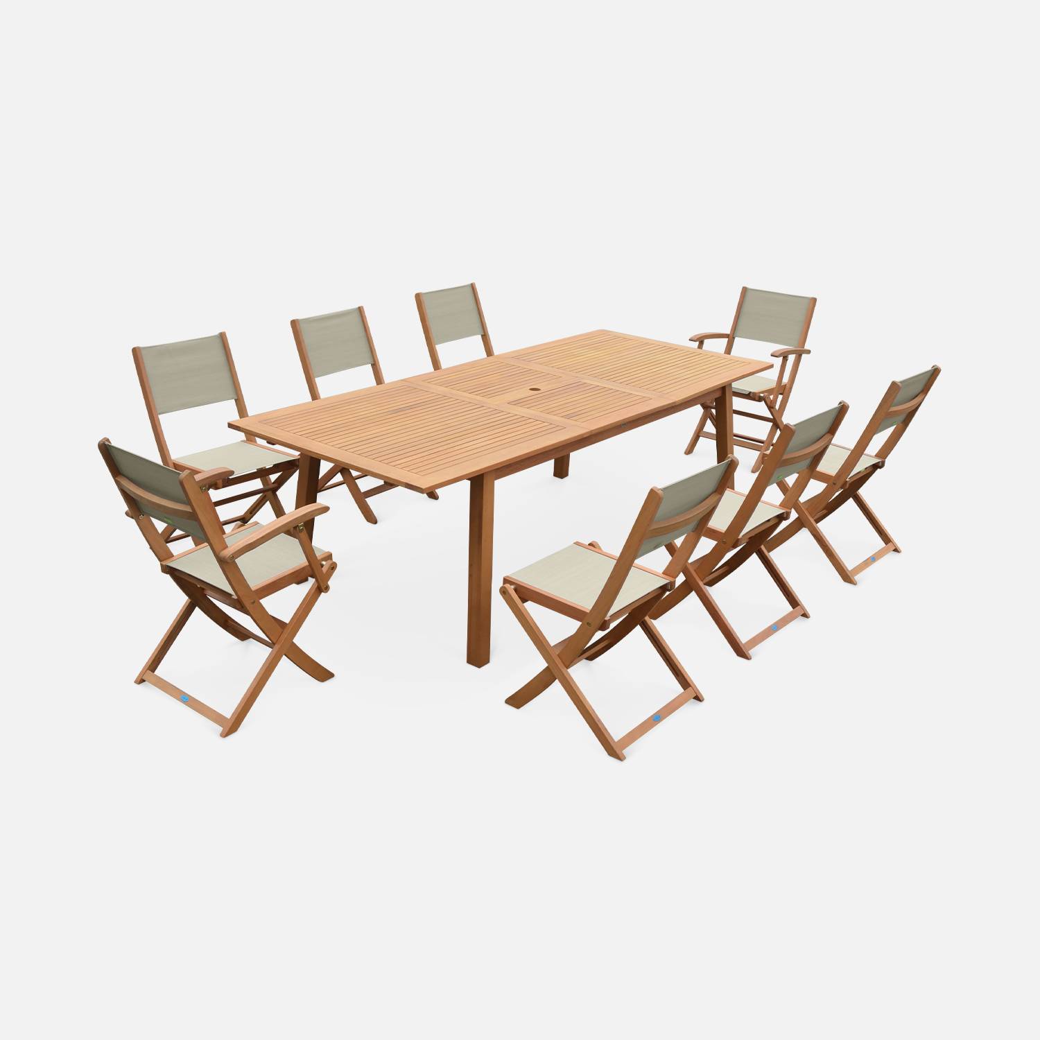 8-seater garden dining set, extendable 180-240cm FSC-eucalyptus wooden table, 6 chairs and 2 armchairs - Almeria 8 - Grey textilene seats,sweeek,Photo3