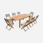 Salon de jardin en bois extensible - Almeria - Grande table 180/240cm avec rallonge, 2 fauteuils et 6 chaises, en bois d'Eucalyptus FSC huilé et textilène gris taupe Photo3