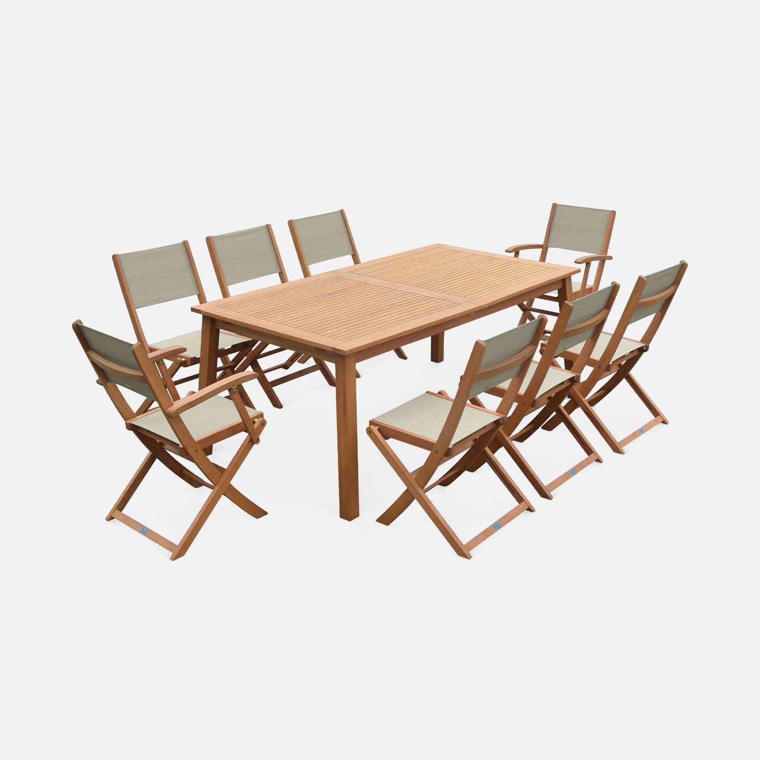 Ausziehbare Gartengarnitur aus Holz - Almeria - Großer Tisch 180/240 cm mit Verlängerung, 2 Sesseln und 6 Stühlen aus geöltem FSC-Eukalyptusholz und taupegrauem Textilene Photo4