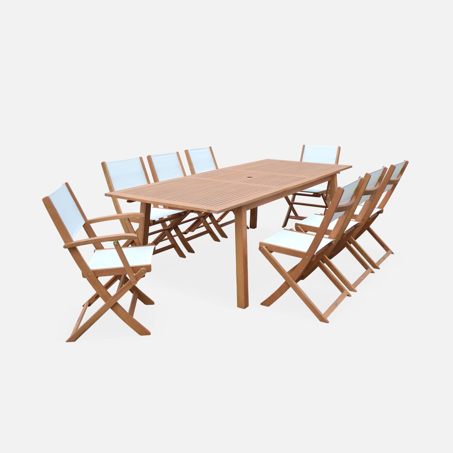 Almeria mobiliário de jardim de madeira, 180-240cm, 2 poltronas, 6 cadeiras de eucalipto FSC e textilene branco | sweeek