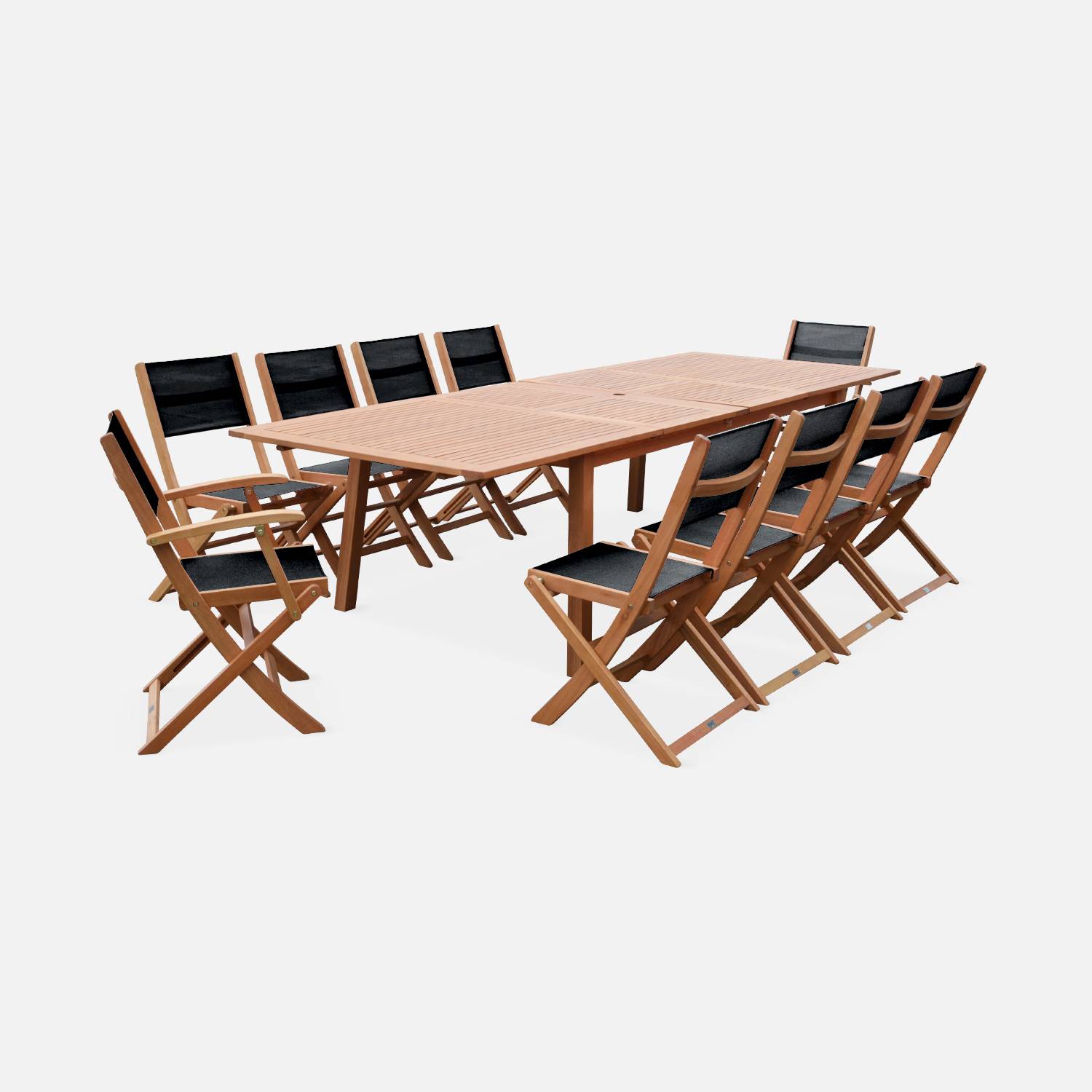 Ausziehbares Gartenmöbel-Set aus Holz - Almeria - mit 2 Ausziehplatten, 2 Sesseln, 8 Stühlen, Eukalyptus/Textilene | sweeek