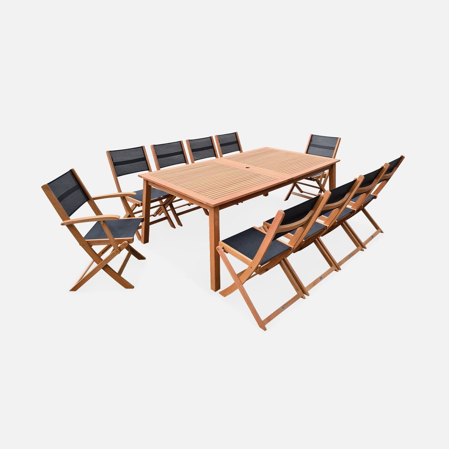 10-seater garden dining set, extendable 200-300cm FSC-eucalyptus wooden table, 8 chairs and 2 armchairs - Almeria 10 - Black textilene seats Photo4
