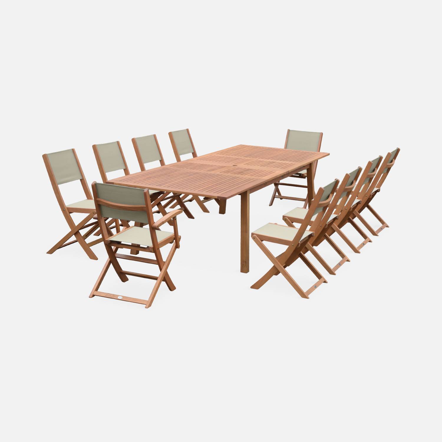 Ausziehbare Gartenmöbel aus Holz - Almeria -mit 2 Verlängerungen, 2 Sesseln und 8 Stühlen, Eukalyptusholz und Textilene | sweeek