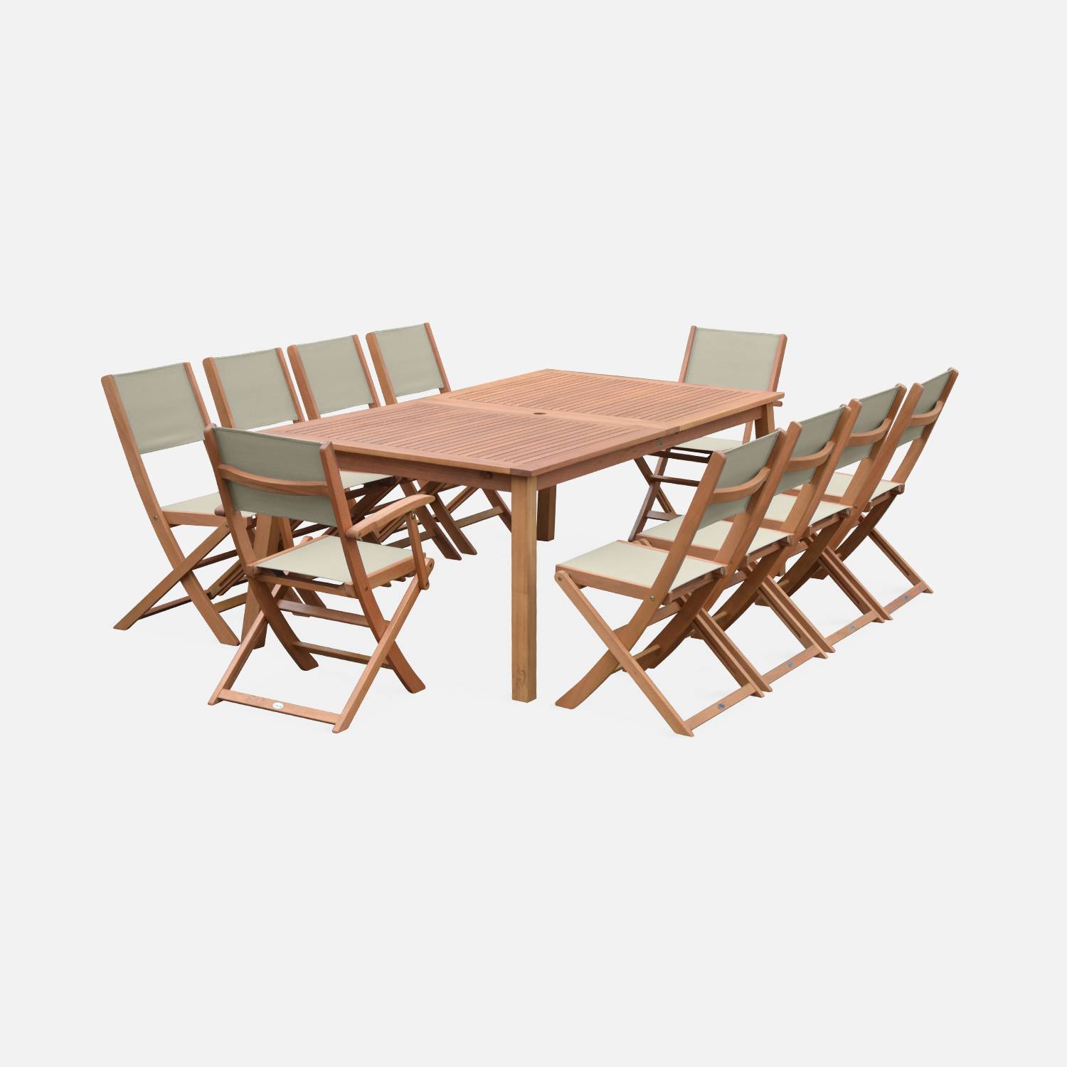Ausziehbare Gartenmöbel aus Holz - Almeria Tisch 200/250/300cm mit 2 Verlängerungen, 2 Sesseln und 8 Stühlen, aus geöltem FSC Eukalyptusholz und taupgrau Textilene,sweeek,Photo4