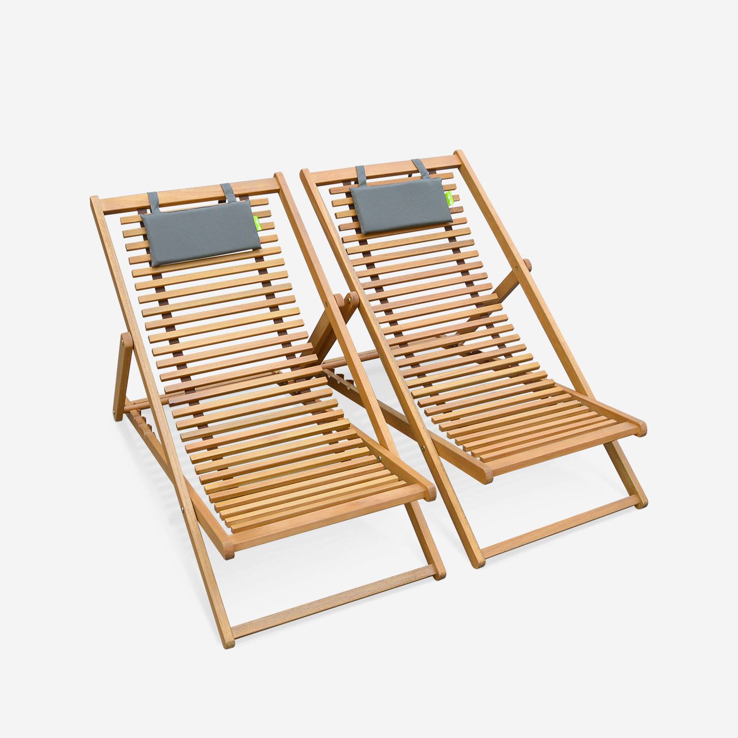 Set of 2 slatted wood deck chairs, deck chair in FSC eucalyptus and textilene with headrest cushion - Bilbao - Grey Photo3