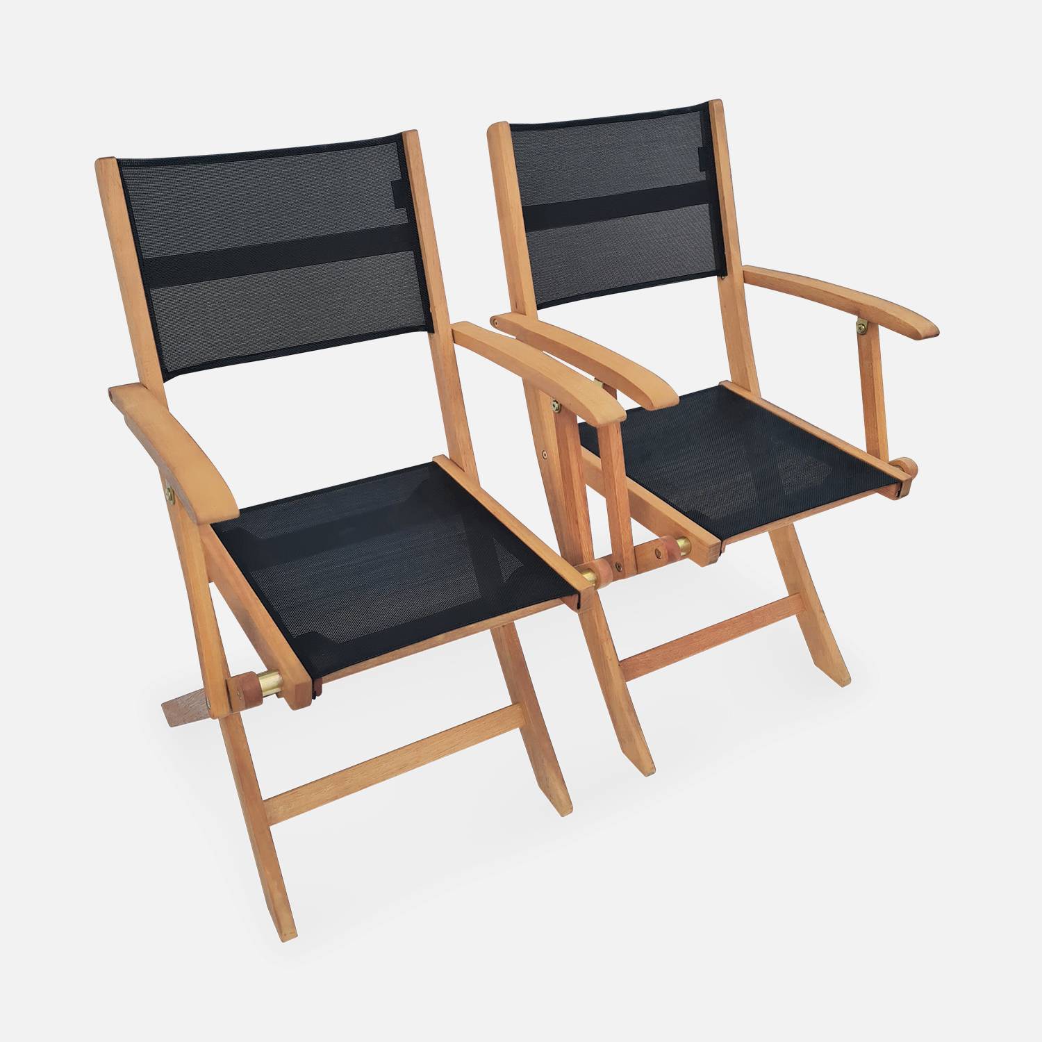 Wood and textilene garden armchairs - 2 oiled FSC Eucalyptus and textilene folding armchairs - Almeria - Black ,sweeek,Photo3
