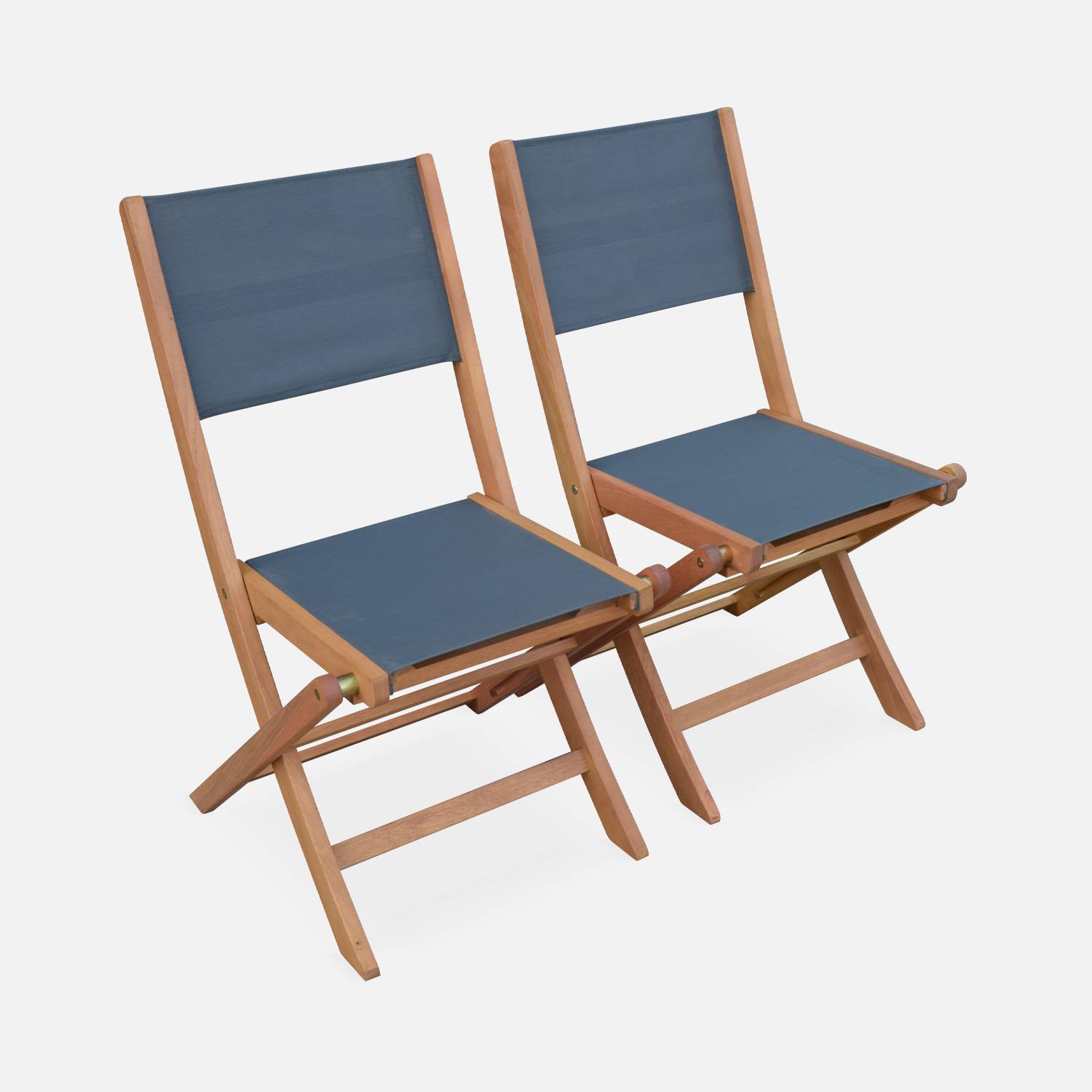 Set of 2 garden chairs in wood, 2 oiled FSC eucalyptus and textilene folding chairs, Grey anthracite | sweeek