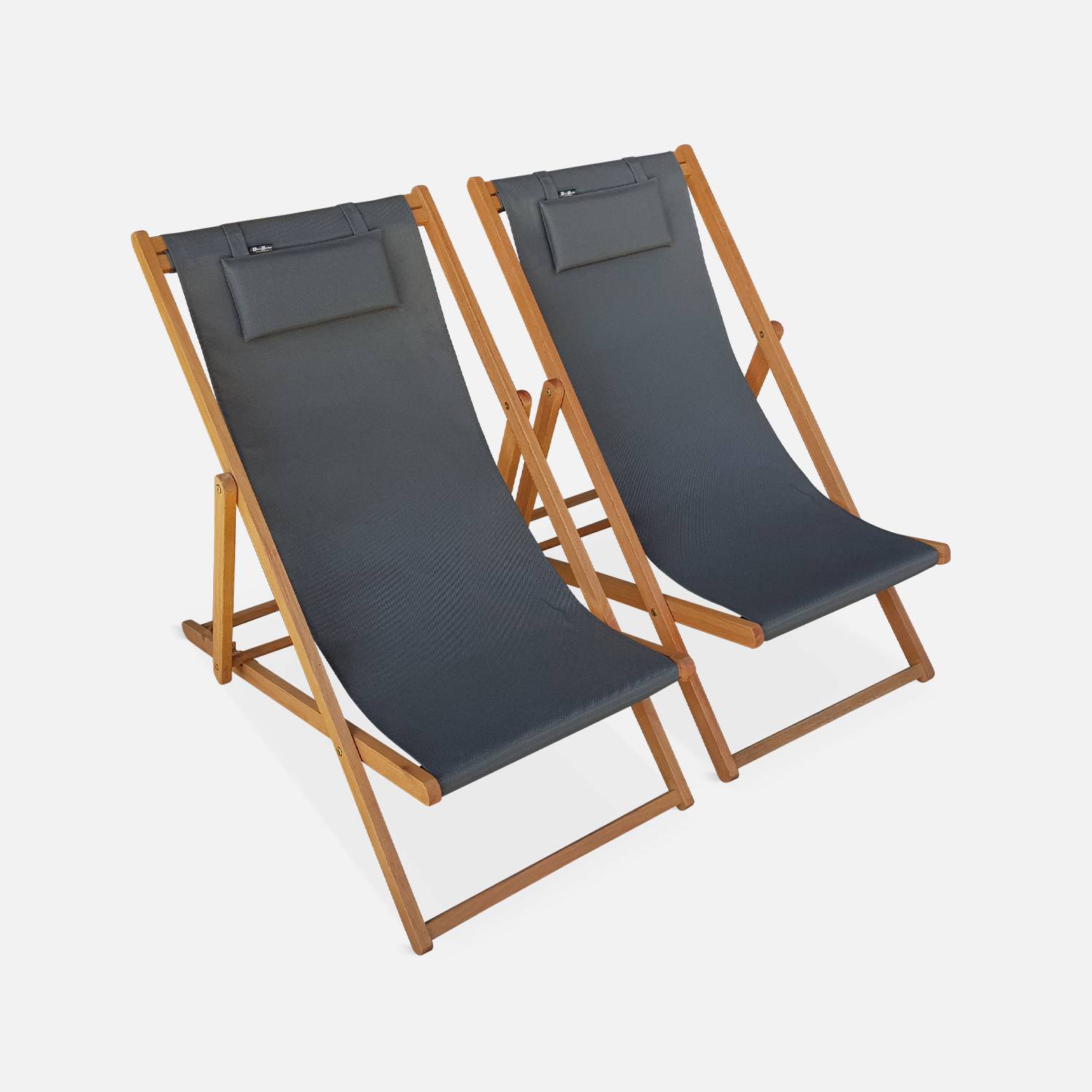 Set of 2 sun loungers, deck chairs in FSC eucalyptus and textilene with cushion, Anthracite | sweeek