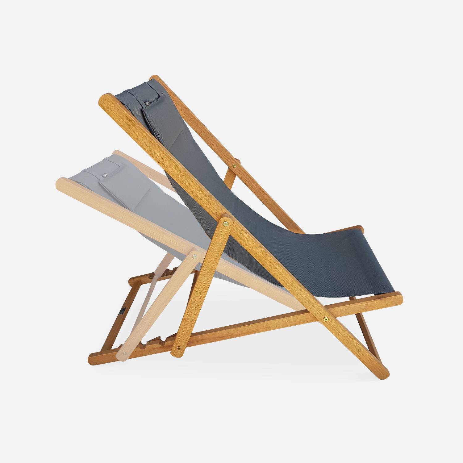 Pair of pre-oiled FSC eucalyptus deck chairs with headrest cushions - Creus - Wood/Anthracite Photo3