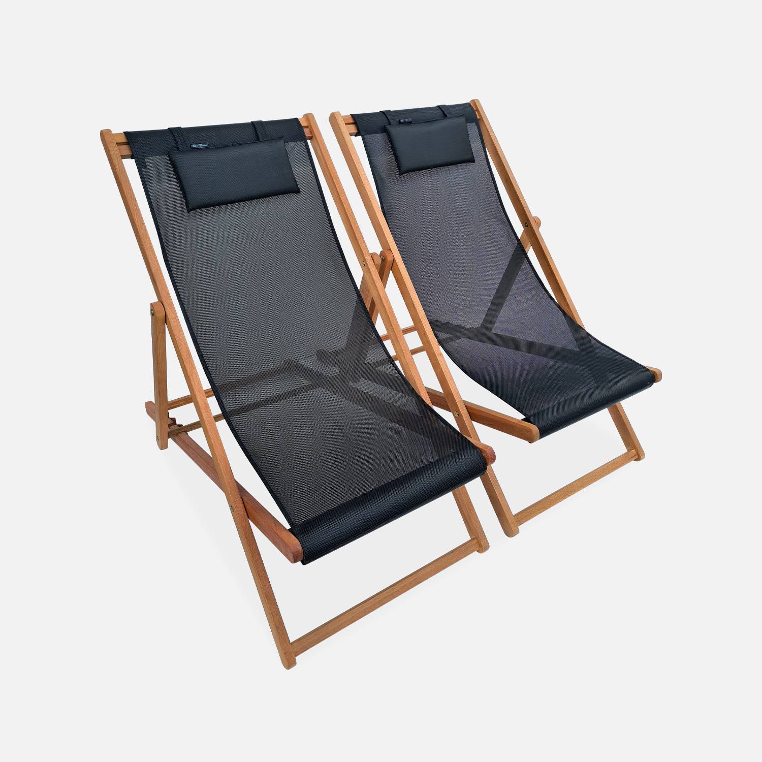 Pair of pre-oiled FSC eucalyptus deck chairs with headrest cushions - Creus - Wood/Black,sweeek,Photo2