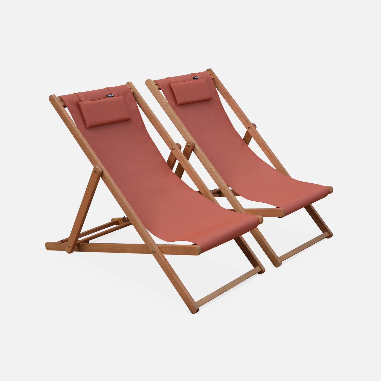 Pair of pre-oiled FSC eucalyptus deck chairs with headrest cushions - Creus - Wood/Terracotta Photo2