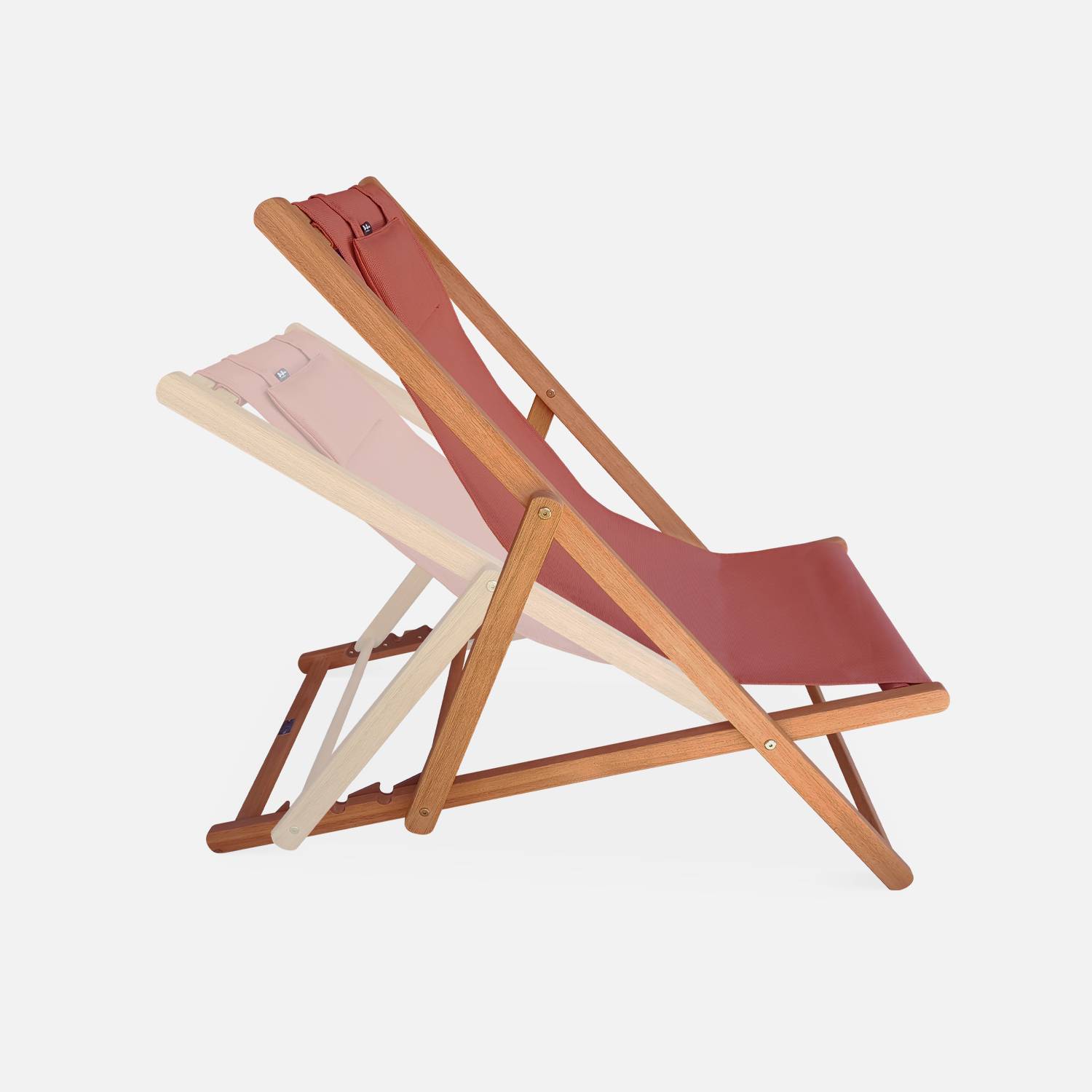 Chiliennes en bois - CREUS - Terracotta - 2 transats en bois d'Eucalyptus huilé, textilène, coussin repose-tête terracotta,sweeek,Photo2