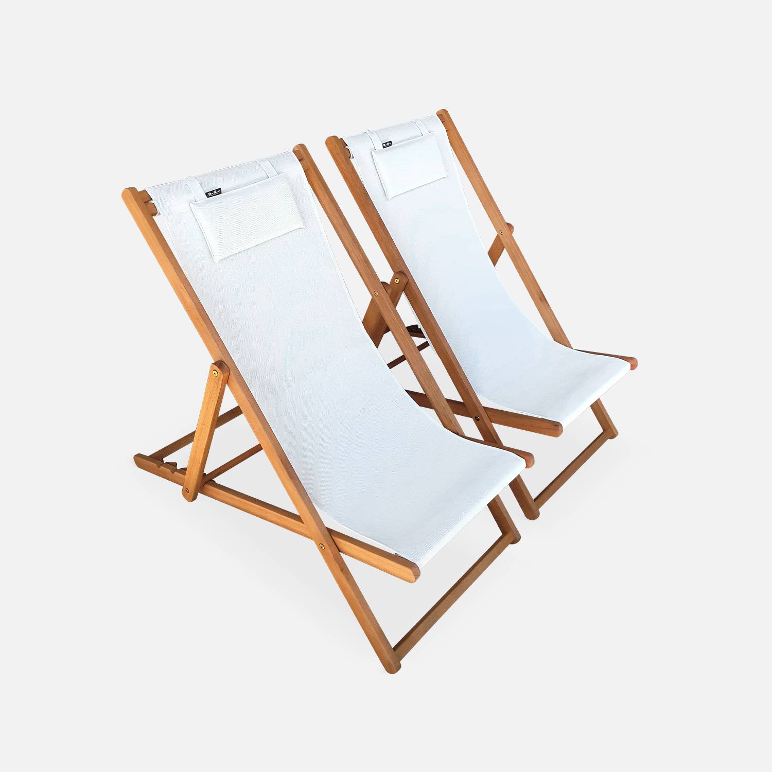 Set of 2 sun loungers, deck chairs in FSC eucalyptus and textilene with cushion, White | sweeek