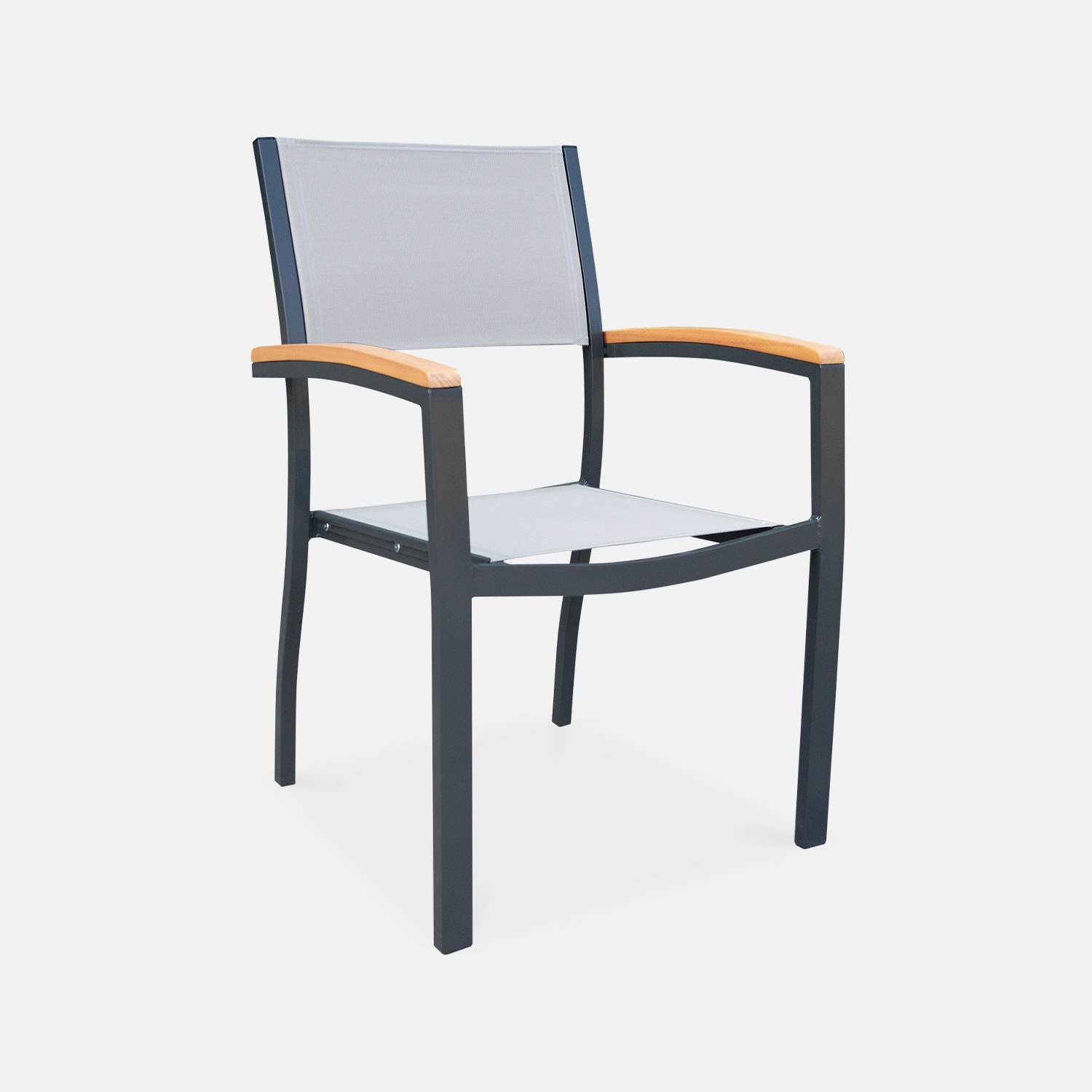 Muebles de jardín de madera - Sevilla mesa expandible de aluminio 200/250cm con extensión, 8 sillas, en aluminio, madera de eucalipto FSC aceitada y textil gris pardo Photo6