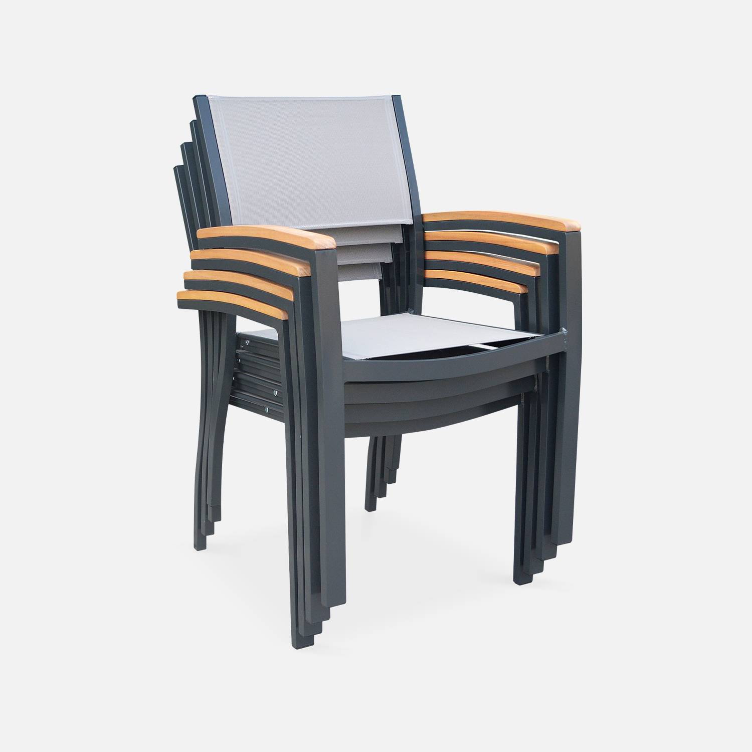 Salon de jardin en bois Sevilla aluminium extensible  table200/250cm avec rallonge, 8 fauteuils, en aluminium, bois d'Eucalyptus FSC huilé et textilène gris taupe,sweeek,Photo6