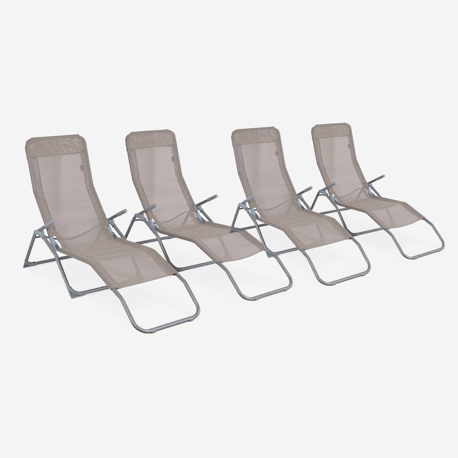 Set mit 4 klappbaren Sonnenliegen - Levito Taupe - Textilene-Liegestühle mit 2 Positionen, Liegestühle | sweeek
