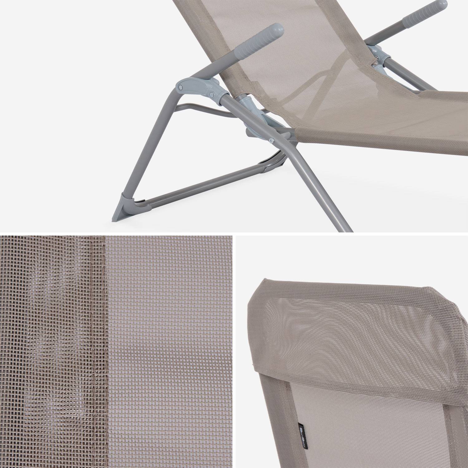 Lot de 4 bains de soleil pliants - Levito Taupe - Transats textilène 2 positions, chaises longues,sweeek,Photo4