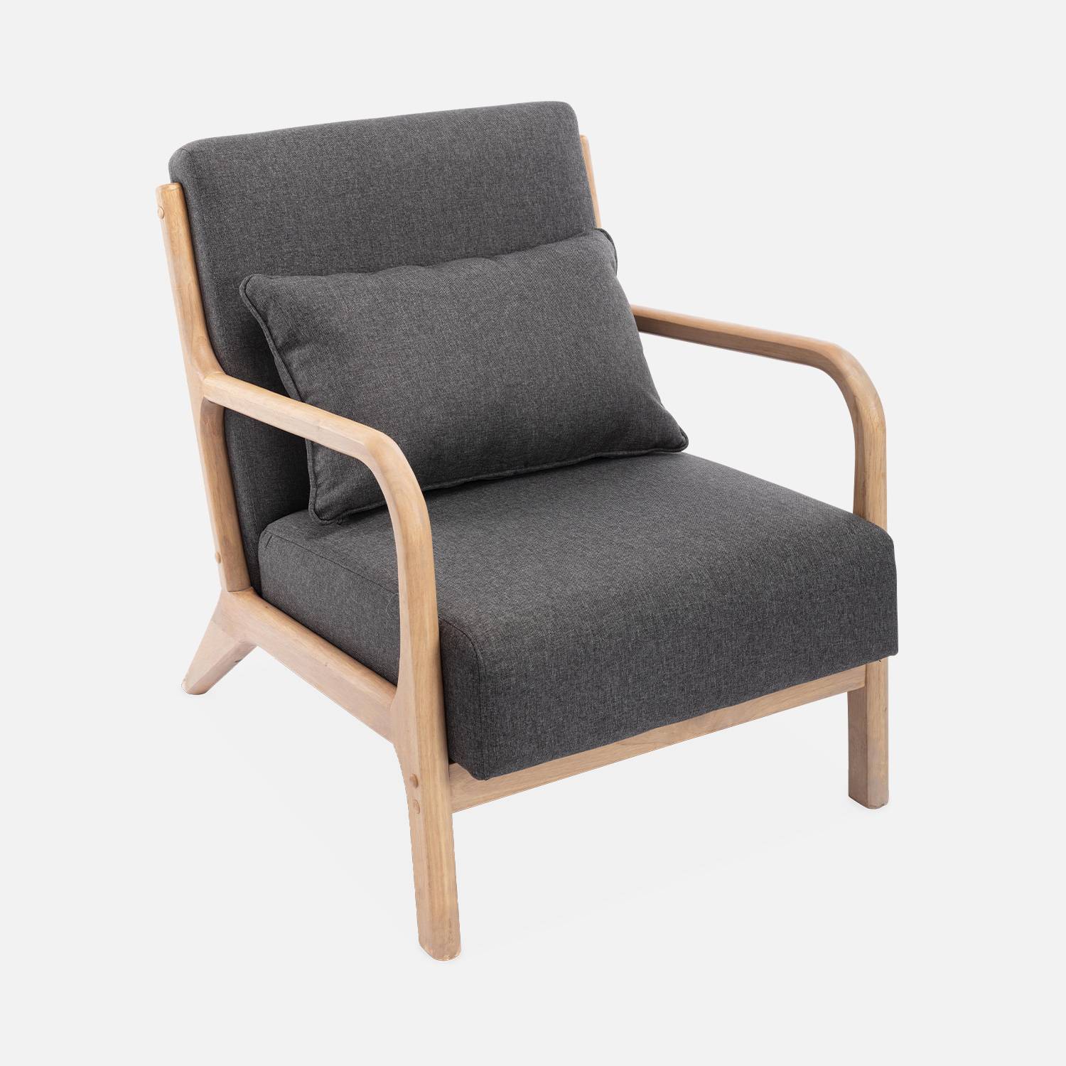 Sillón de diseño de madera y tela, 1 asiento recto fijo, patas de compás escandinavas, armazón de madera maciza, asiento cómodo, gris oscuro,sweeek,Photo4