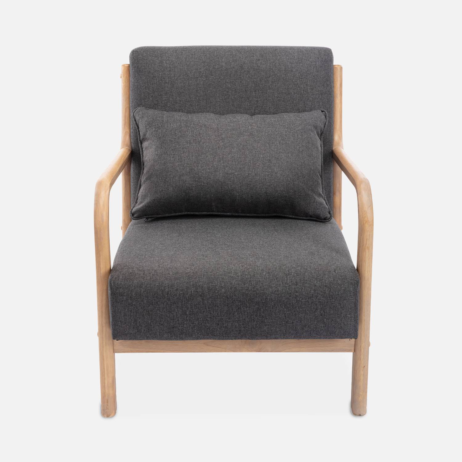 Sillón de diseño de madera y tela, 1 asiento recto fijo, patas de compás escandinavas, armazón de madera maciza, asiento cómodo, gris oscuro,sweeek,Photo5