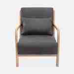 Sillón de diseño de madera y tela, 1 asiento recto fijo, patas de compás escandinavas, armazón de madera maciza, asiento cómodo, gris oscuro Photo5